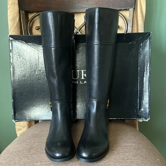 NIB women RL Sz 5B black leather round toe knee high luxury business casual boot
