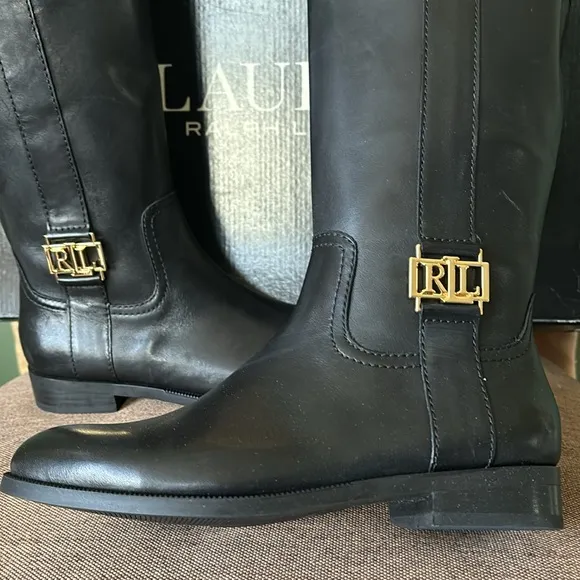 NIB women RL Sz 5B black leather round toe knee high luxury business casual boot