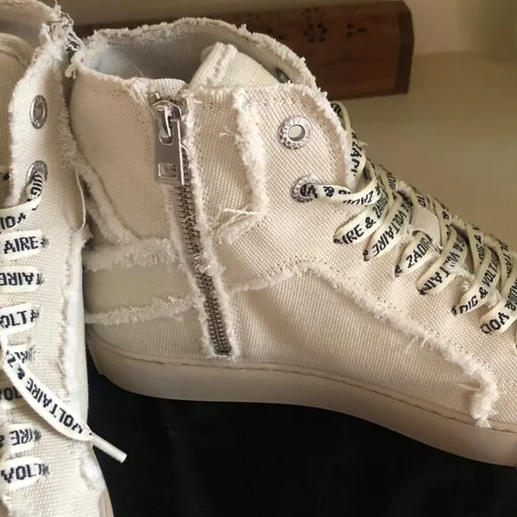 NIB ZADIG &amp; VOLTAIRE Women's High Flash Distressed Canvas High Top Sneakers Size