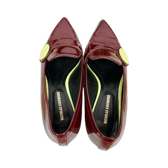 Nicholas Kirkwood Patent Leather Pointed Toe Slip On Loafers Burgundy Preppy