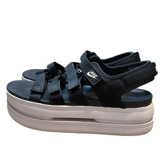 Nike Icon Classic Platform Sandals Womens 11 Black White Strappy Hook Loop