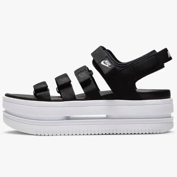 Nike Icon Classic Platform Sandals Womens 11 Black White Strappy Hook Loop