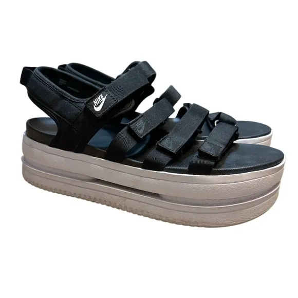 Nike Icon Classic Platform Sandals Womens 11 Black White Strappy Hook Loop
