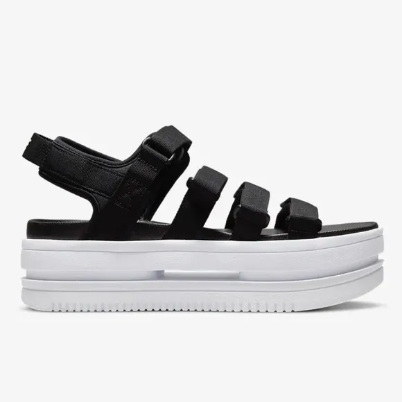 Nike Icon Classic Platform Sandals Womens 11 Black White Strappy Hook Loop