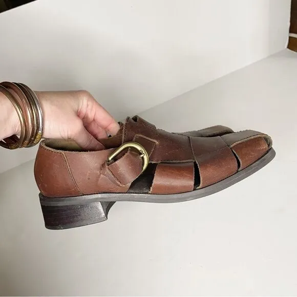 Nine West 90s womens Brown Huarache Leather Fisherman Strappy Sandals 6.5