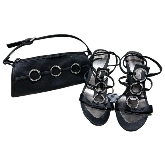 Nine West Black Satin Rhinestone Sandals &amp; Matching Bag