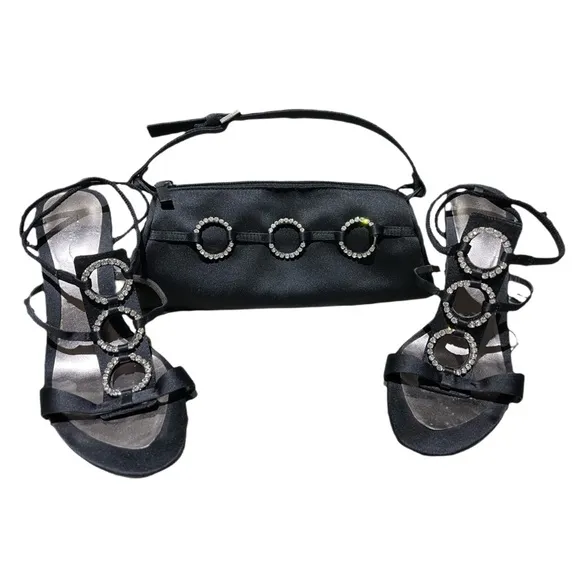 Nine West Black Satin Rhinestone Sandals &amp; Matching Bag