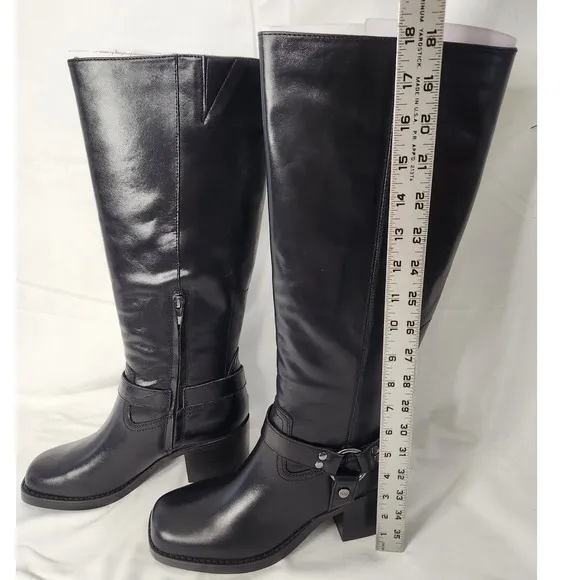 Nine West Knee High Boots Harness Accent Block Heel Black Leather 8.5