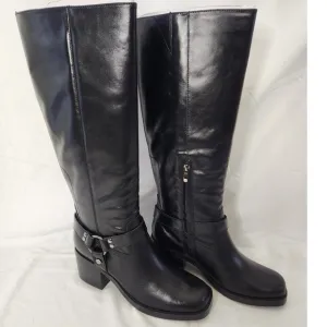 Nine West Knee High Boots Harness Accent Block Heel Black Leather 8.5