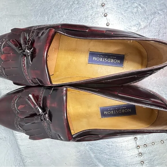 NORDSTROM Burgundy Brogue WingtipTassel Loafers Lacquer leather...Italy