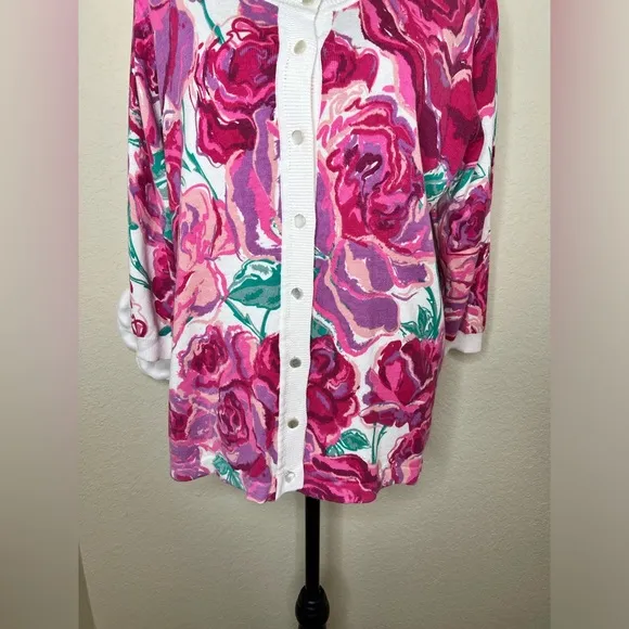 NTM: Bob Mackie Button Down Creamy White &amp; Pinks Floral Cardigan Size Large