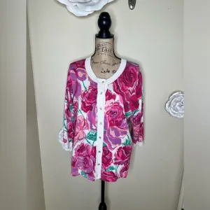 NTM: Bob Mackie Button Down Creamy White &amp; Pinks Floral Cardigan Size Large