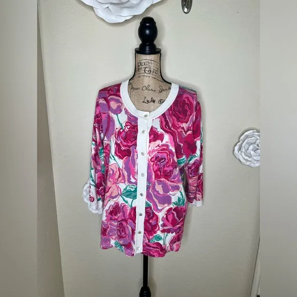 NTM: Bob Mackie Button Down Creamy White &amp; Pinks Floral Cardigan Size Large