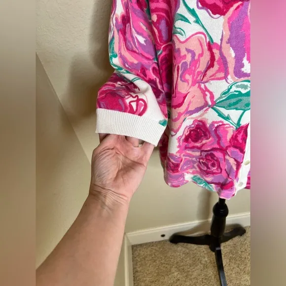 NTM: Bob Mackie Button Down Creamy White &amp; Pinks Floral Cardigan Size Large