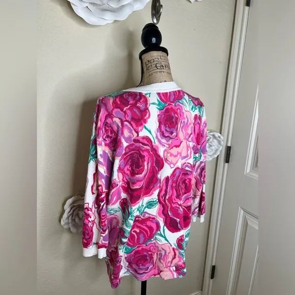 NTM: Bob Mackie Button Down Creamy White &amp; Pinks Floral Cardigan Size Large