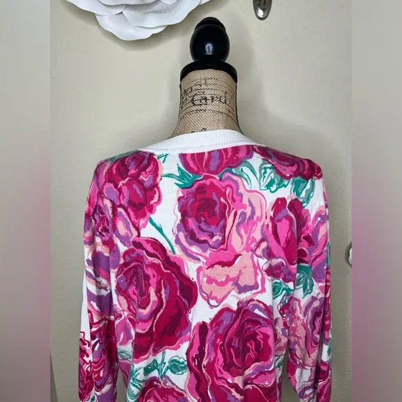 NTM: Bob Mackie Button Down Creamy White &amp; Pinks Floral Cardigan Size Large
