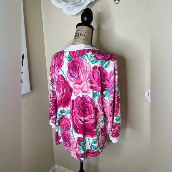 NTM: Bob Mackie Button Down Creamy White &amp; Pinks Floral Cardigan Size Large