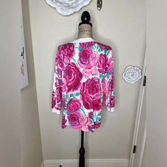 NTM: Bob Mackie Button Down Creamy White &amp; Pinks Floral Cardigan Size Large