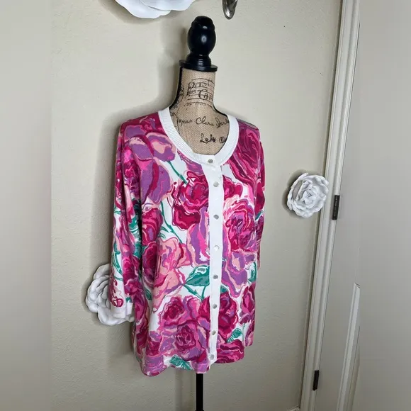 NTM: Bob Mackie Button Down Creamy White &amp; Pinks Floral Cardigan Size Large