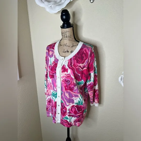 NTM: Bob Mackie Button Down Creamy White &amp; Pinks Floral Cardigan Size Large