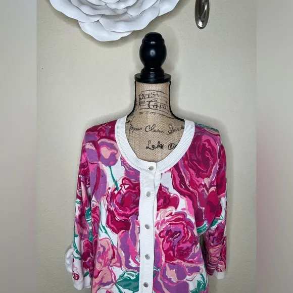 NTM: Bob Mackie Button Down Creamy White &amp; Pinks Floral Cardigan Size Large