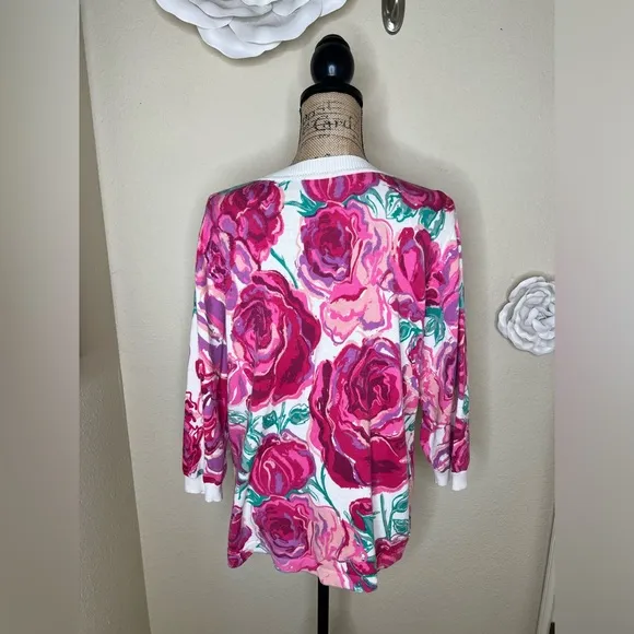 NTM: Bob Mackie Button Down Creamy White &amp; Pinks Floral Cardigan Size Large
