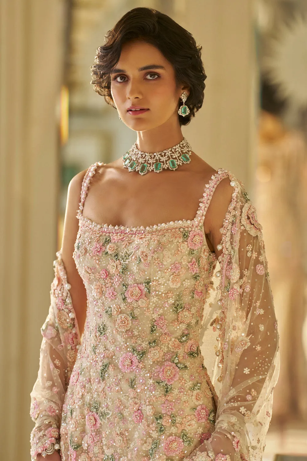 Nude Multi-Coloured Three-Dimensional Sharara Set