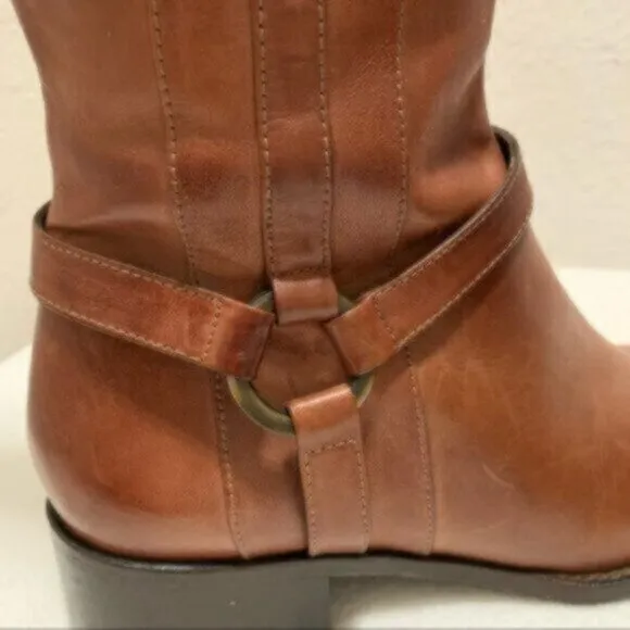 Nursace Leather Mid-Calf Riding Boots Side Zipper Ankle Harness