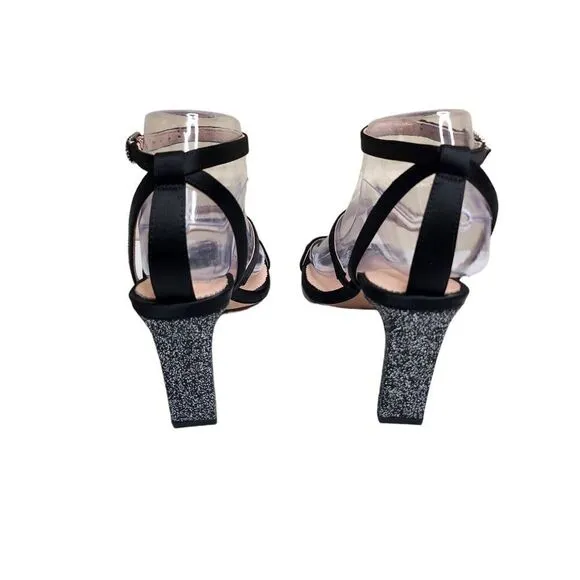 NWOB J. crew Ava women's black satin glitter heel strappy sandals Size 6.5M