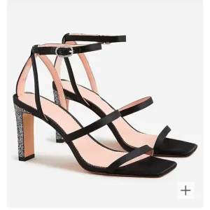 NWOB J. crew Ava women's black satin glitter heel strappy sandals Size 6.5M