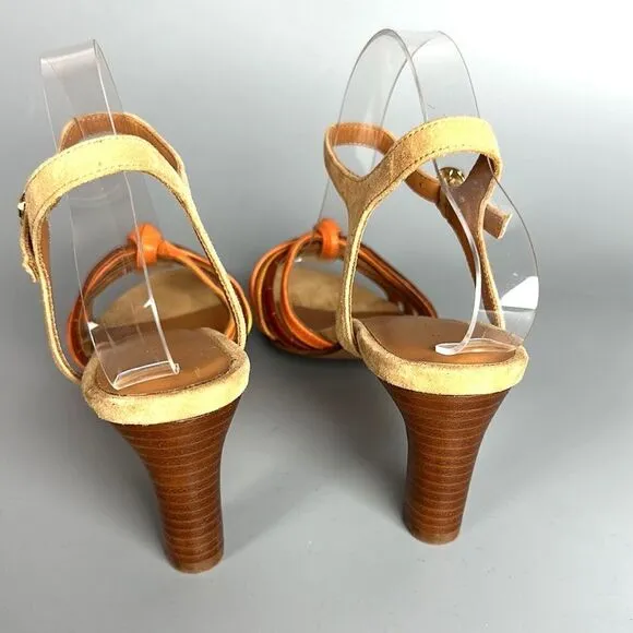 NWOB RIVECOUR Strappy Heeled Sandals Leather Suede Orange Yellow Brown 36 US 5