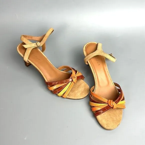 NWOB RIVECOUR Strappy Heeled Sandals Leather Suede Orange Yellow Brown 36 US 5