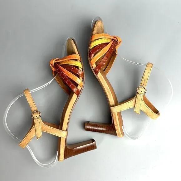 NWOB RIVECOUR Strappy Heeled Sandals Leather Suede Orange Yellow Brown 36 US 5