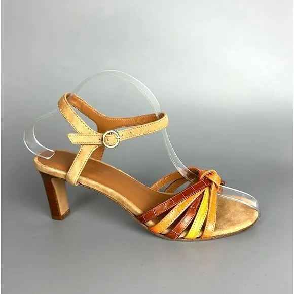 NWOB RIVECOUR Strappy Heeled Sandals Leather Suede Orange Yellow Brown 36 US 5