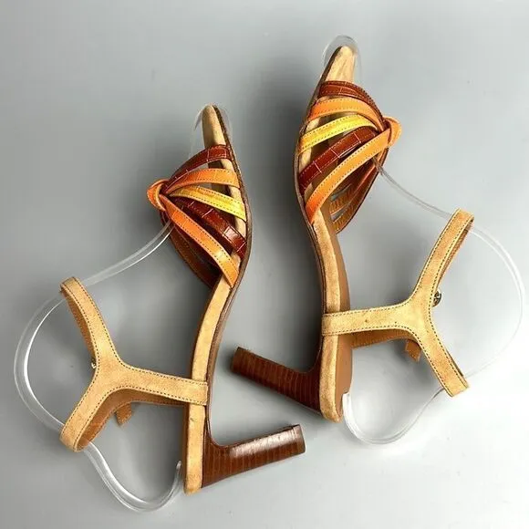 NWOB RIVECOUR Strappy Heeled Sandals Leather Suede Orange Yellow Brown 36 US 5