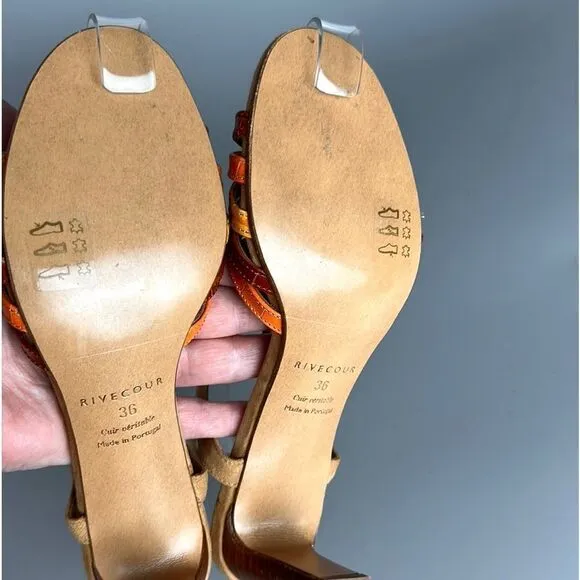 NWOB RIVECOUR Strappy Heeled Sandals Leather Suede Orange Yellow Brown 36 US 5
