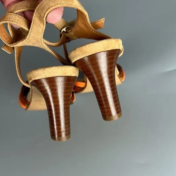 NWOB RIVECOUR Strappy Heeled Sandals Leather Suede Orange Yellow Brown 36 US 5