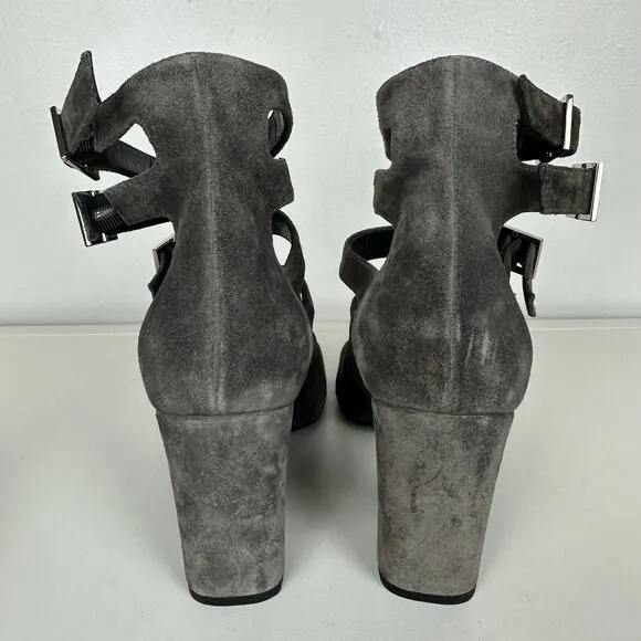 NWOB Saint Laurent Womens Suede Strappy Gladiator Block Heel Grey Sandals 36