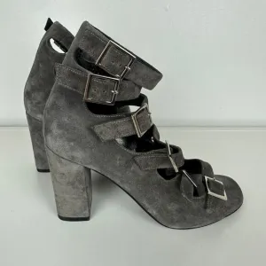 NWOB Saint Laurent Womens Suede Strappy Gladiator Block Heel Grey Sandals 36