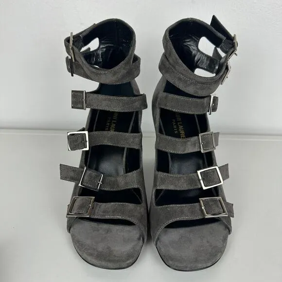 NWOB Saint Laurent Womens Suede Strappy Gladiator Block Heel Grey Sandals 36