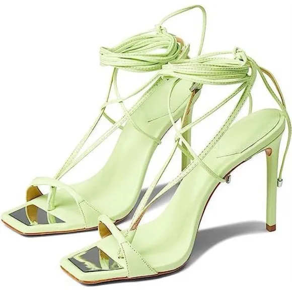 NWOB SCHUTZ Vikki Leather Stiletto Strappy Lace Up Sandals in Green Fresh Sz 7.5