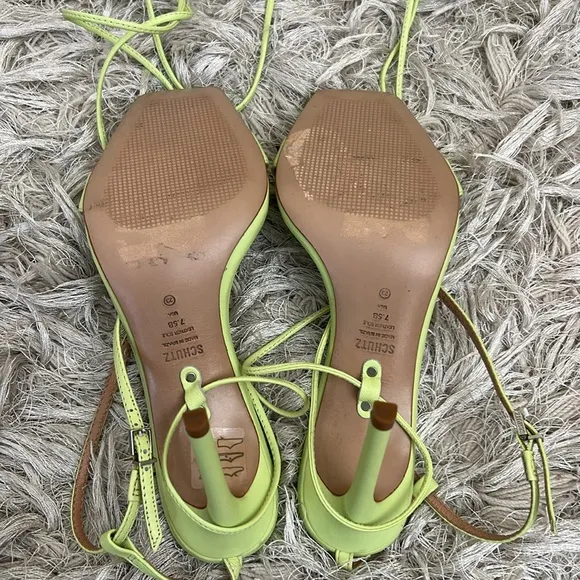 NWOB SCHUTZ Vikki Leather Stiletto Strappy Lace Up Sandals in Green Fresh Sz 7.5