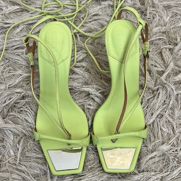 NWOB SCHUTZ Vikki Leather Stiletto Strappy Lace Up Sandals in Green Fresh Sz 7.5