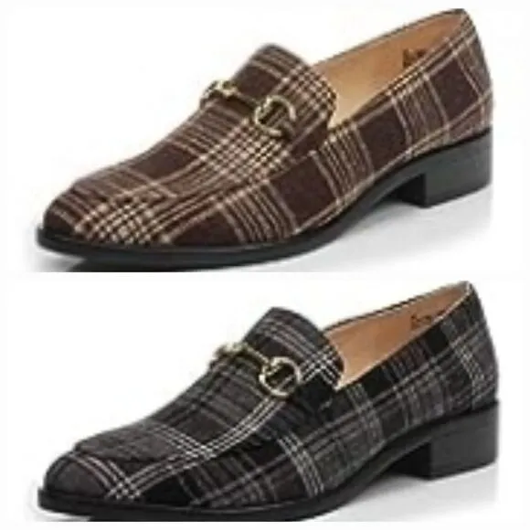 🩵NWOB Dunion Brown Plaid Chain Decorated Dressy Loafers Size 8