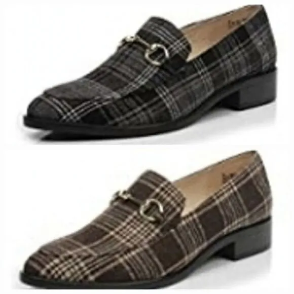 🩵NWOB Dunion Brown Plaid Chain Decorated Dressy Loafers Size 8