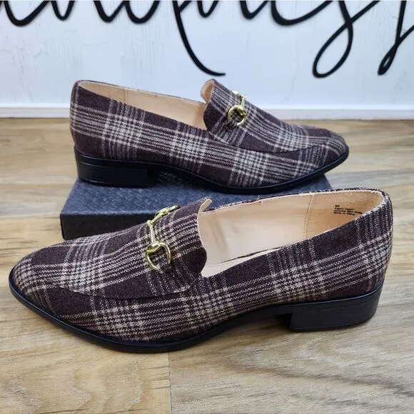 🩵NWOB Dunion Brown Plaid Chain Decorated Dressy Loafers Size 8