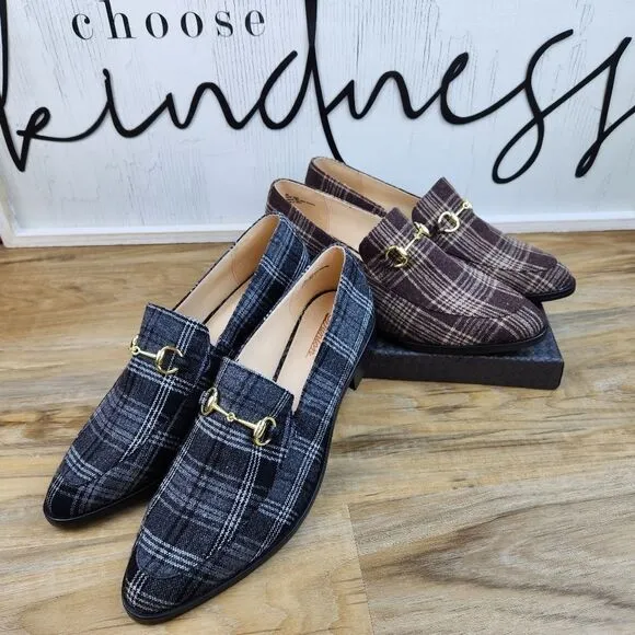 🩵NWOB Dunion Brown Plaid Chain Decorated Dressy Loafers Size 8