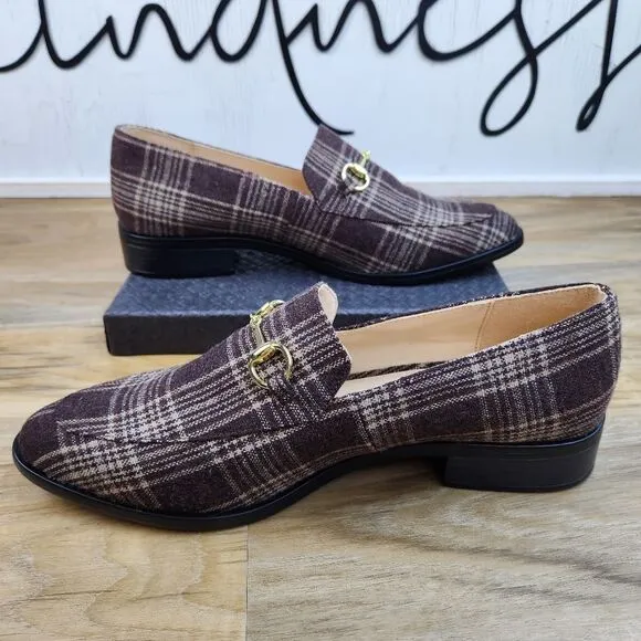 🩵NWOB Dunion Brown Plaid Chain Decorated Dressy Loafers Size 8