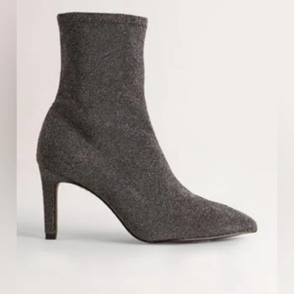 NWOT Boden gunmetal sparks stretch heeled boots silver sock style pull on shoe