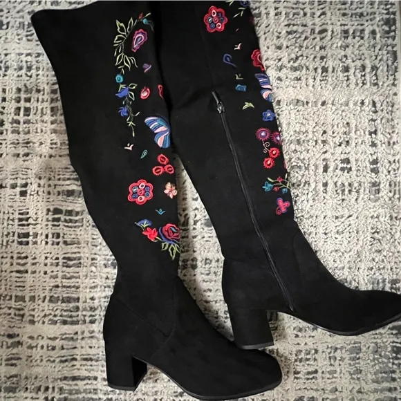 NWOT Impo Judy Embroidered Over-The-Knee Boots stretch block heel colorful 6